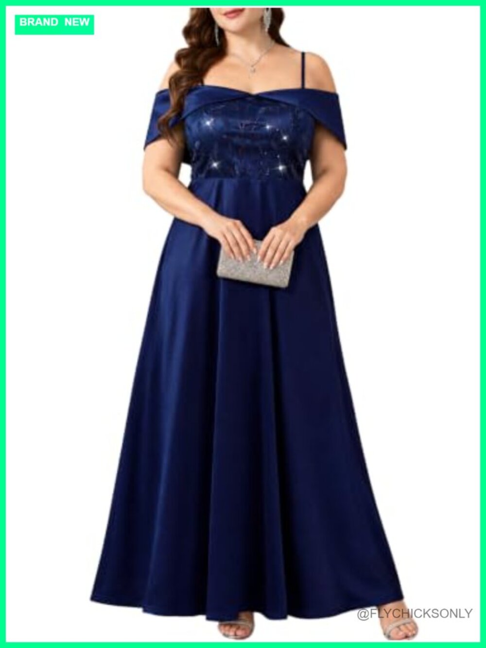 Plus Size Sequin Satin Off Shoulder Formal Evening Gown Wedding Guest Prom